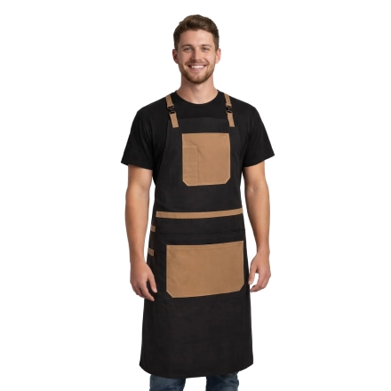 Fartuch gastronomiczny czarny – barista / grill / rzemieślniczy z kieszeniami i krzyżowanymi szelkami